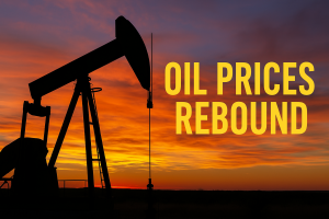 oil derrick with oil prices rebound on a sunset