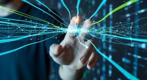 man touching electric lines of data